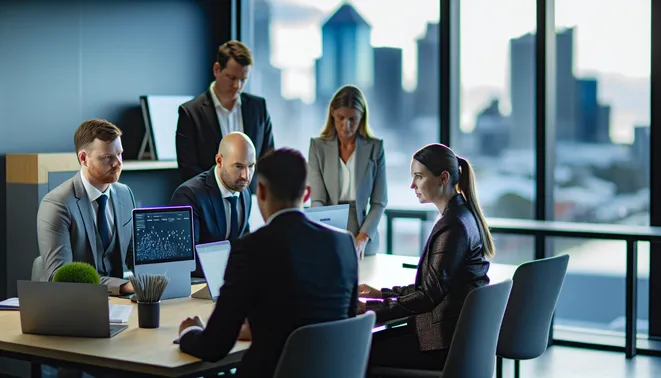 Real estate agents collaborating over AI-driven analytics in a modern Melbourne office.