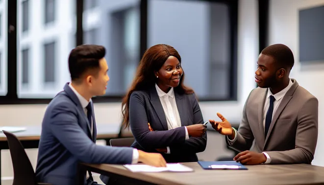 Diverse agents discussing CRM automation tools in a sleek Melbourne real estate office.