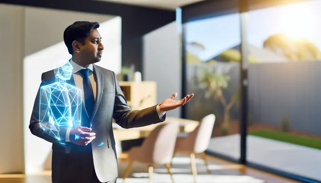 Real estate agent interacting with holographic AI assistant in a modern Melbourne office