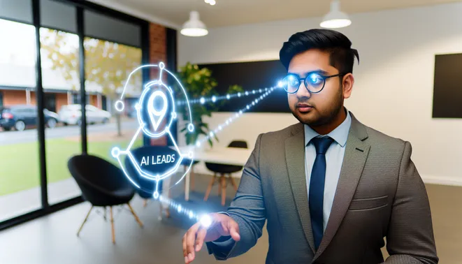 Real estate agent interacting with holographic AI leads interface in bright Melbourne office