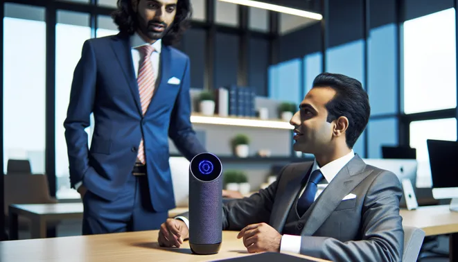 Real estate agent interacting with AI voice assistant in modern Melbourne office setting.