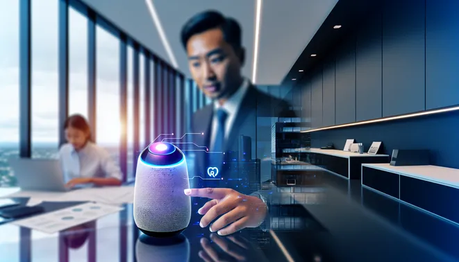 Real estate agent in Melbourne using AI voice assistant in a sleek modern office setting