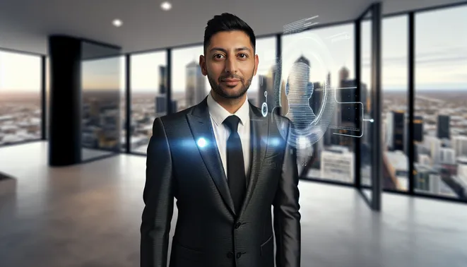 Melbourne real estate agent interacting with AI voice assistant in modern office