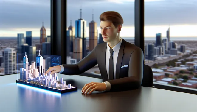 Melbourne real estate agent interacting with AI interface in a modern office setting