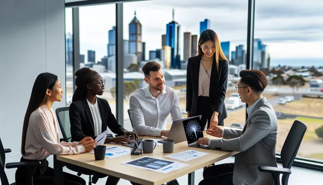 Diverse team collaborating over AI analytics in a modern Melbourne office with skyline views.