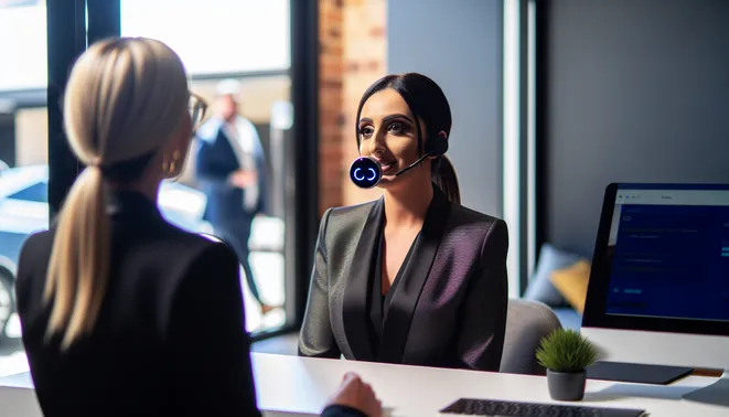 Real estate agent engaging with AI voice assistant in a modern Melbourne office setting