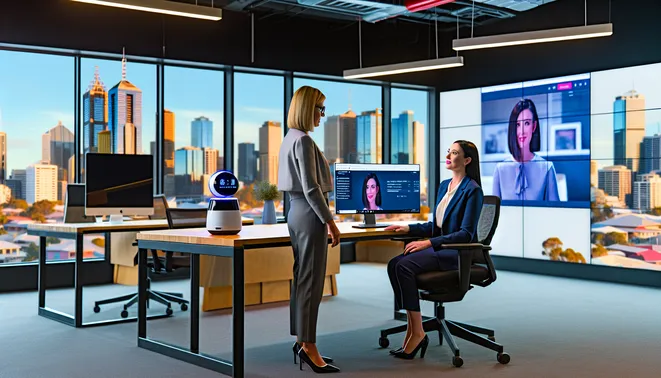 Business professional interacting with AI assistant in modern Melbourne real estate office.