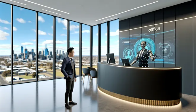 Real estate agent interacting with AI receptionist in modern Melbourne office with skyline view