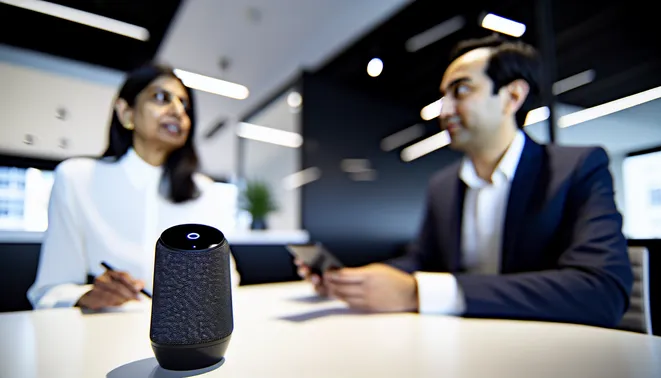 Melbourne real estate agent utilizing AI voice technology in a sleek modern office.