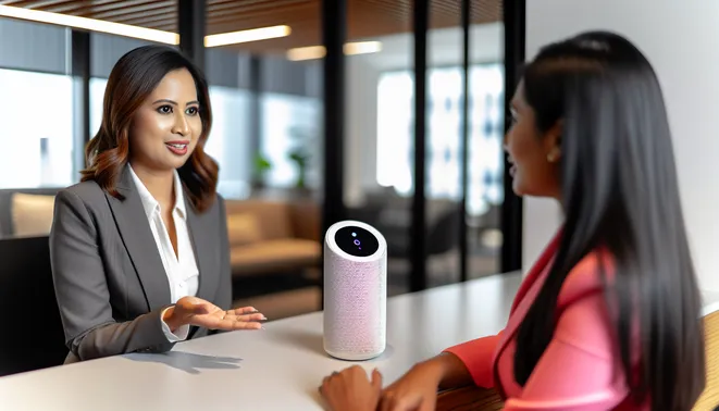 Real estate agent interacting with AI voice assistant in sleek Melbourne office.