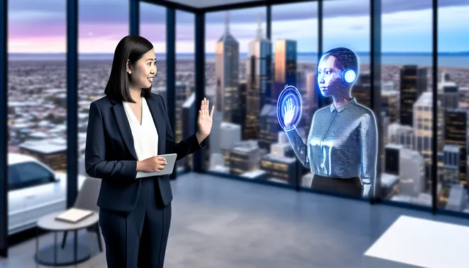 Real estate agent interacting with AI receptionist in a modern Melbourne office with city views.
