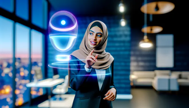 Real estate agent interacting with AI voice assistant in bright Melbourne office