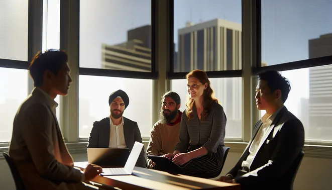 Melbourne business team collaborating with advanced AI tools in a modern office setting.