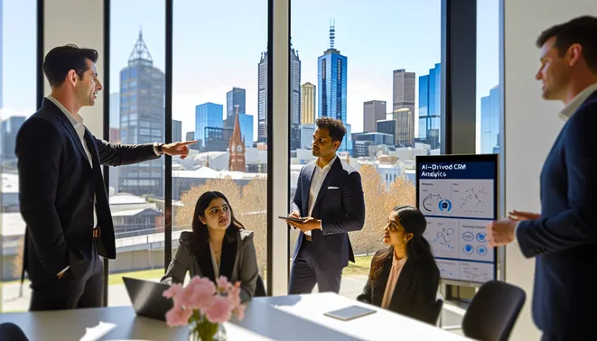 Diverse team discussing AI-driven CRM analytics in a modern Melbourne office with city views.