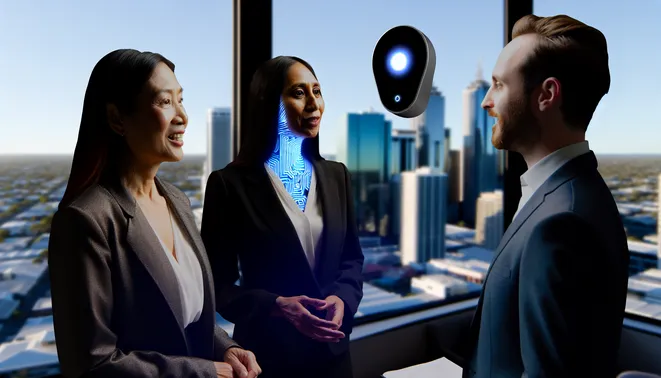 Real estate agent interacting with AI voice assistant in sleek Melbourne office with city views.
