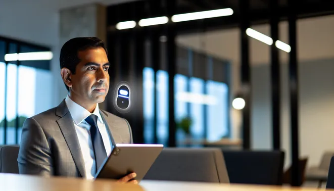 Melbourne real estate agent using AI voice tech on a tablet in a modern office setting