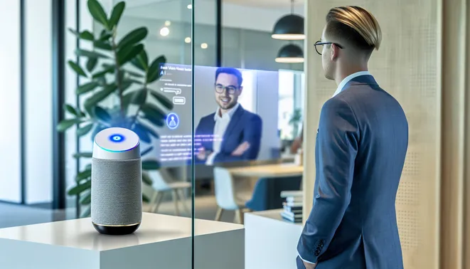 Real estate agent using AI voice assistant in a modern Melbourne office with digital interfaces