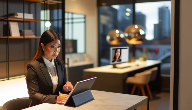 Melbourne real estate agent using AI tablet for virtual consultation in modern office