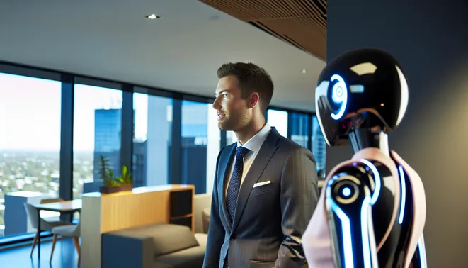 Real estate agent converses with AI receptionist in modern Melbourne office setting.