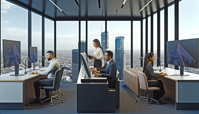 Diverse real estate team using AI tools in a sleek Melbourne office with skyline views.