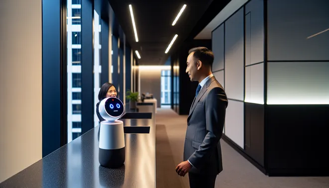 Real estate agent interacting with AI voice assistant in sleek Melbourne office space.