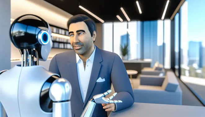 Real estate agent interacting with AI receptionist in a modern Melbourne office setting.