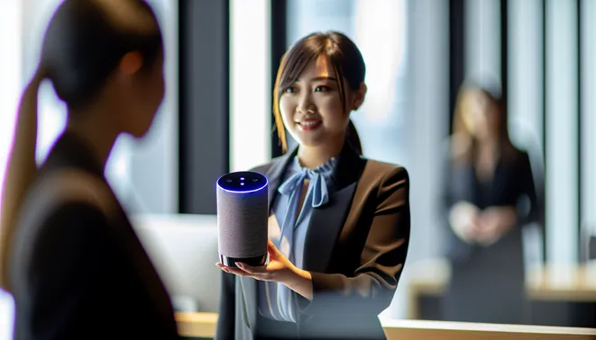 Real estate agent interacting with AI voice assistant in a modern Melbourne office