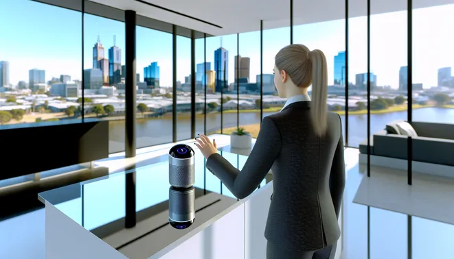 Realtor engaging with AI voice assistant in sleek Melbourne office with city skyline view