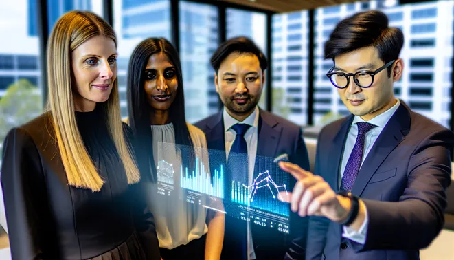 Diverse real estate team analyzing AI-driven metrics in a modern Melbourne office.