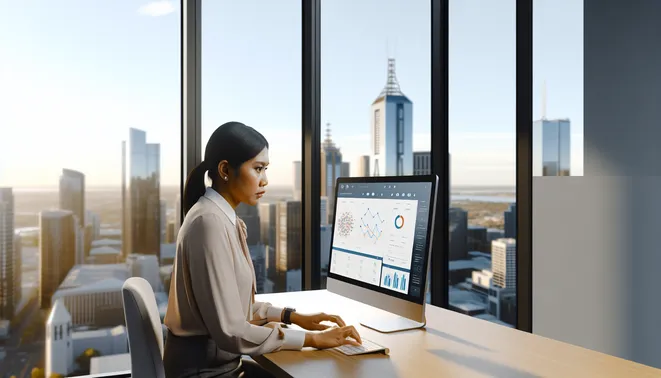 Real estate agent analyzing AI-driven dashboard in modern Melbourne office with city view.