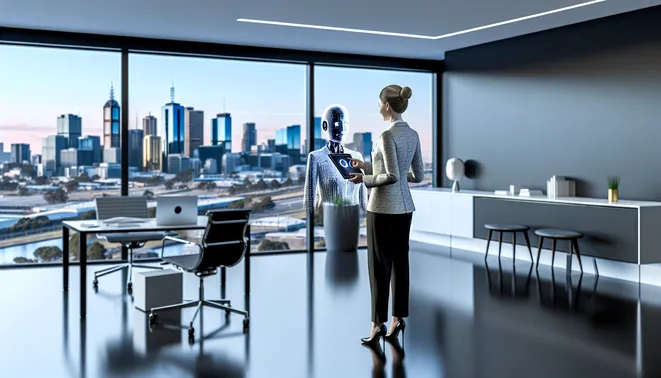 Real estate agent interacting with AI on tablet in modern Melbourne office with skyline view