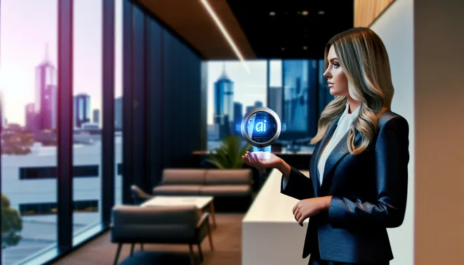 Real estate agent using AI communication tool in sleek Melbourne office setting