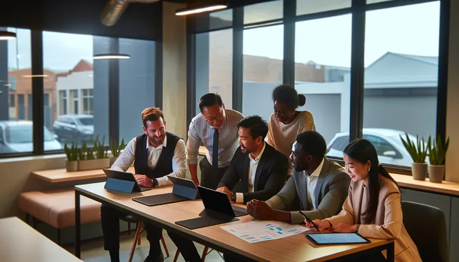 Diverse real estate team collaborating with digital CRM tools in a modern Melbourne office.