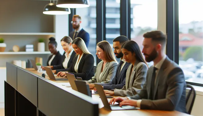 Diverse real estate agents collaborating over CRM automation tools in a modern Melbourne office.