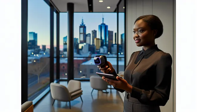 Real estate agent using futuristic AI device in modern Melbourne office with city views.