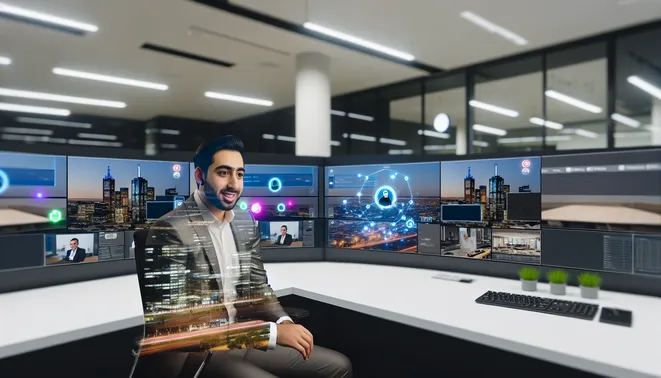 Real estate agent in Melbourne office using AI technology during a video call with digital dashboards.