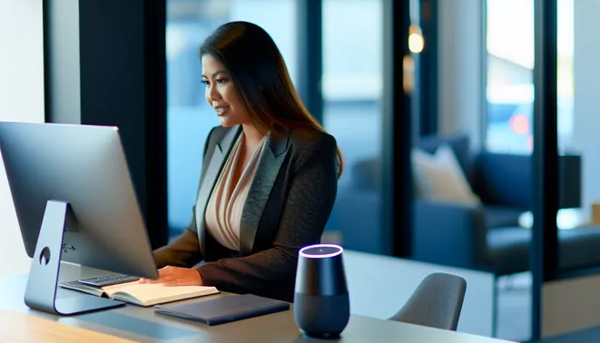 Real estate agent in Melbourne using AI voice assistant in a modern office setting