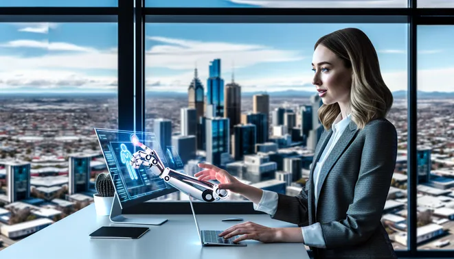 Real estate agent utilizing AI automation in modern Melbourne office with city skyline view.