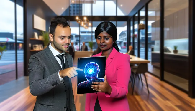 Real estate agent in modern Melbourne office consulting with AI tool on sleek tablet.