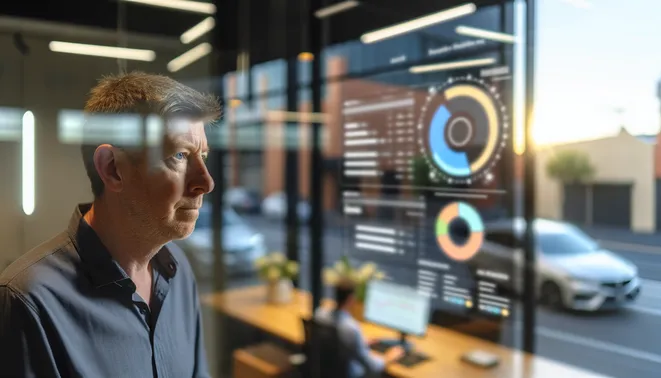 Business owner analyzing AI-driven dashboard in modern Melbourne office space.