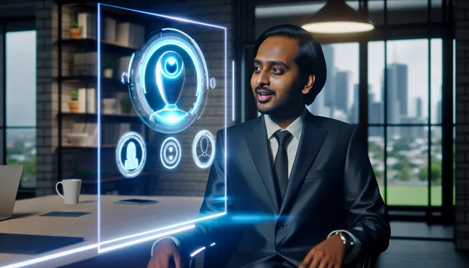 Real estate agent on video call with AI voice assistant in modern Melbourne office.