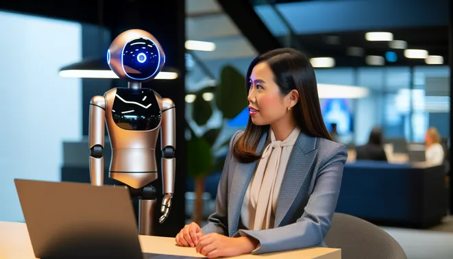 Real estate agent interacting with AI assistant in a modern Melbourne office, showcasing technology.
