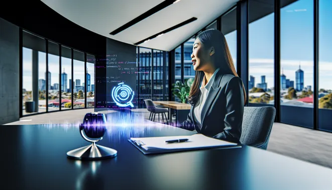 Real estate agent conversing with AI assistant in a modern Melbourne office setting