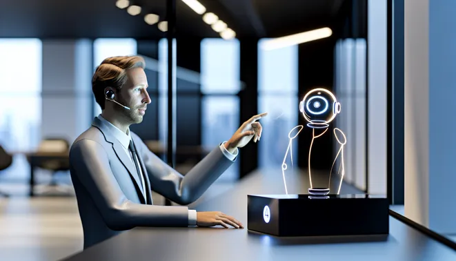 Real estate agent using AI communication tool in a modern Melbourne office setting.