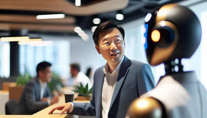 Businessperson interacting with AI assistant in modern Melbourne real estate office.