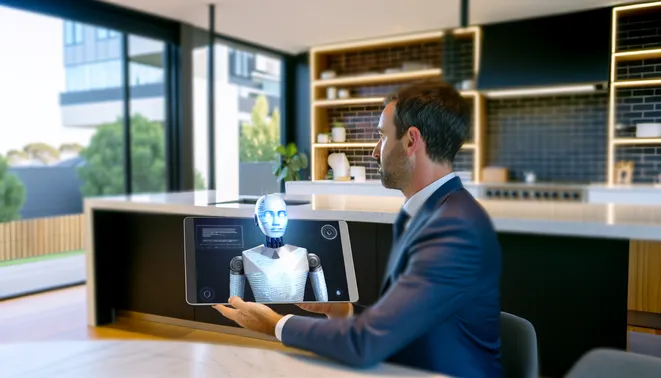 Real estate agent engaging with AI assistant on tablet in modern Melbourne office