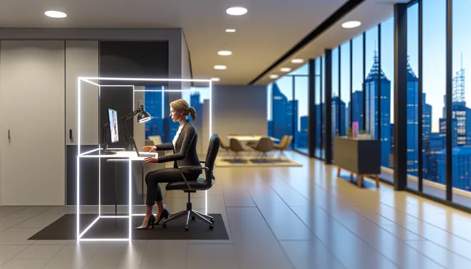 Professional businesswoman using AI communication tool in sleek Melbourne office.