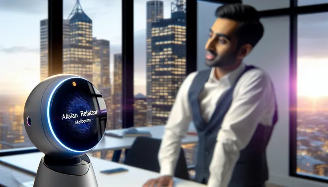 Melbourne realtor engaging with AI voice assistant in a modern, tech-savvy office