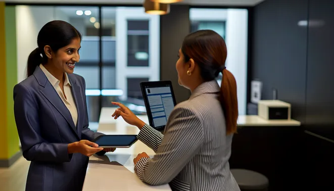 Business professional interacting with AI receptionist on tablet in modern Melbourne real estate office.