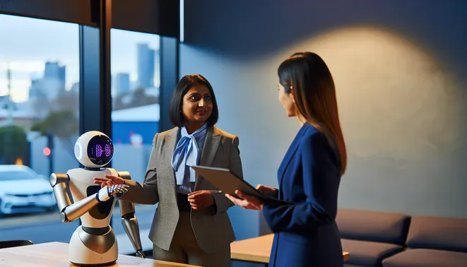 Real estate agent interacting with virtual assistant, showcasing automation trends in Melbourne office